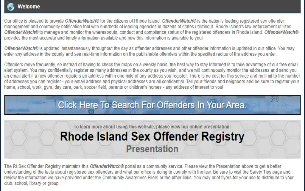 An image of Rhode Islands free sex offender registry tool called OffenderWatch.