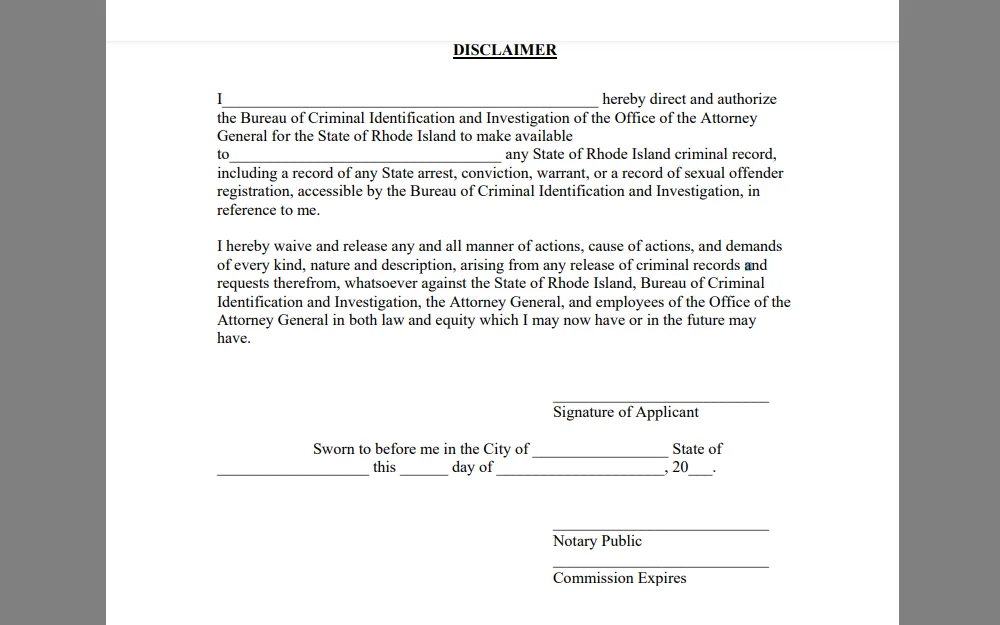 A screenshot showing the Disclaimer form needs to be filled out if an individual wants to do a State Background check through the mail. 