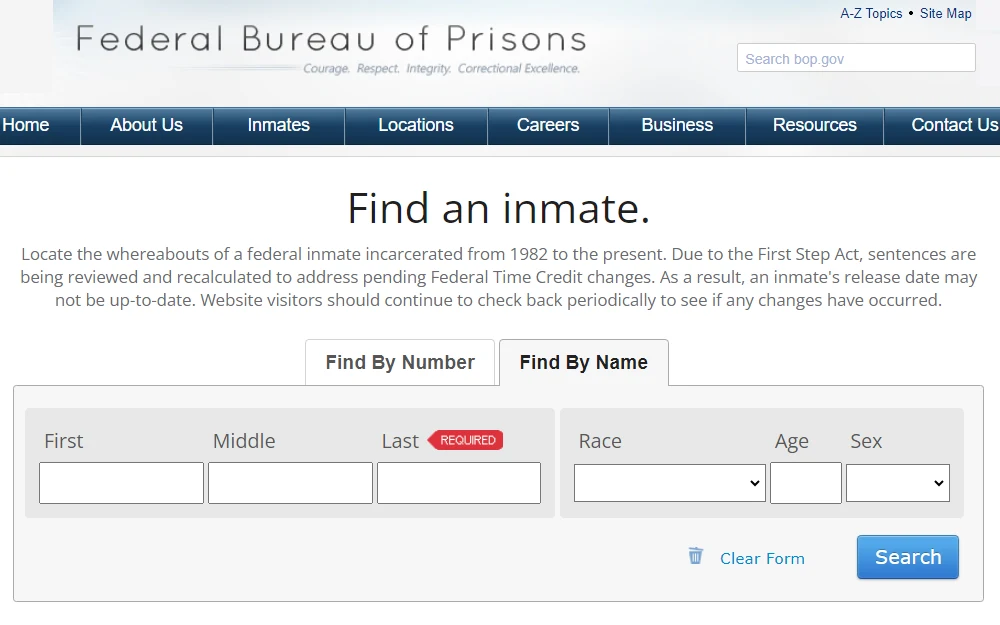 A screenshot showing the Inmate Locator tool provided by the Federal Bureau of Prisons wherein the individual can search the inmate by number or name.