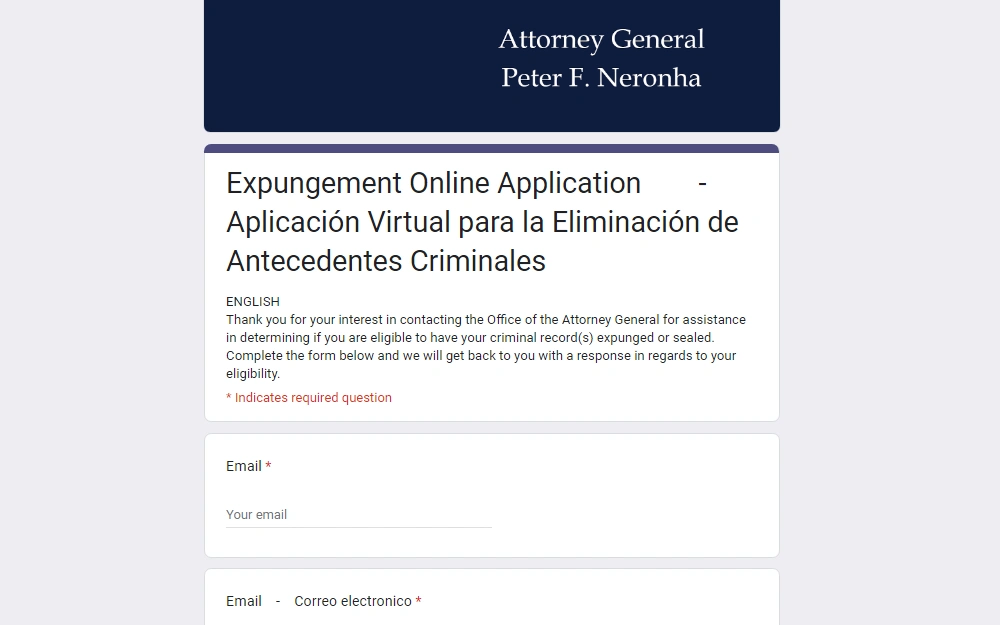 A screenshot showing the Expungement Online Application form provided by the Office of the Attorney General to check if one is eligible for expunction. 