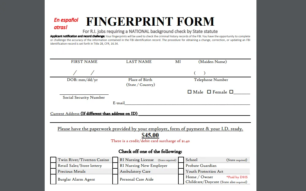 A screenshot showing the Fingerprint Form that must be filled out when requesting a fingerprint-based background check.