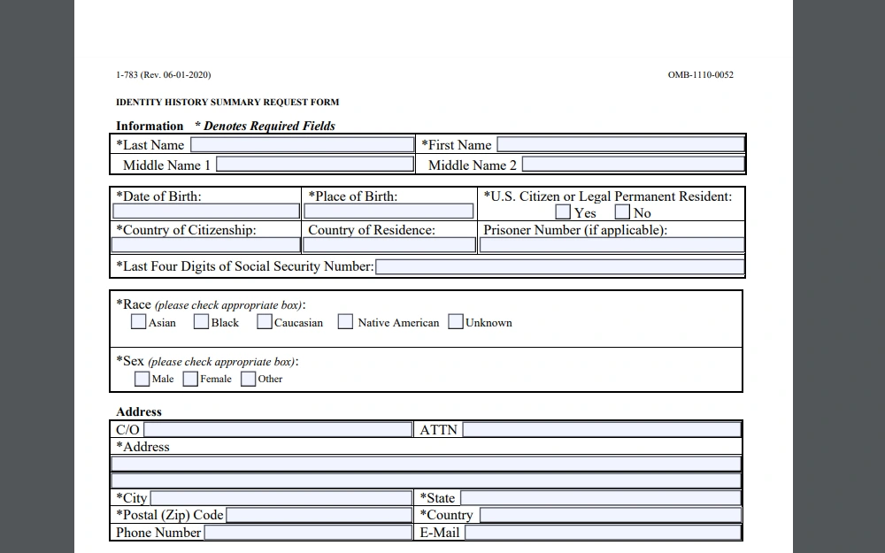 A screenshot showing the Identity History Summary Request Form that must be filled out when requesting a background check.