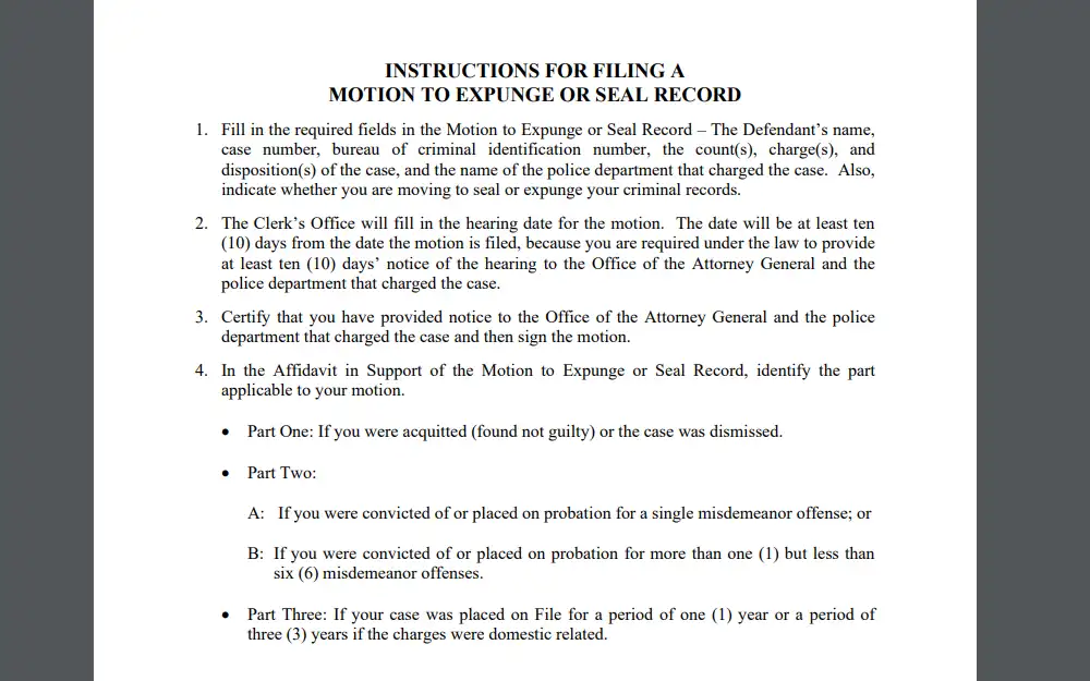 A screenshot showing the instructions for filing a Motion to Expunge or Seal Record in Rhode Island. 