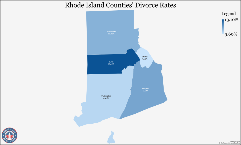 An image showing the map of Rhode Island divided into five counties with its divorce rate data (5-year estimates).
