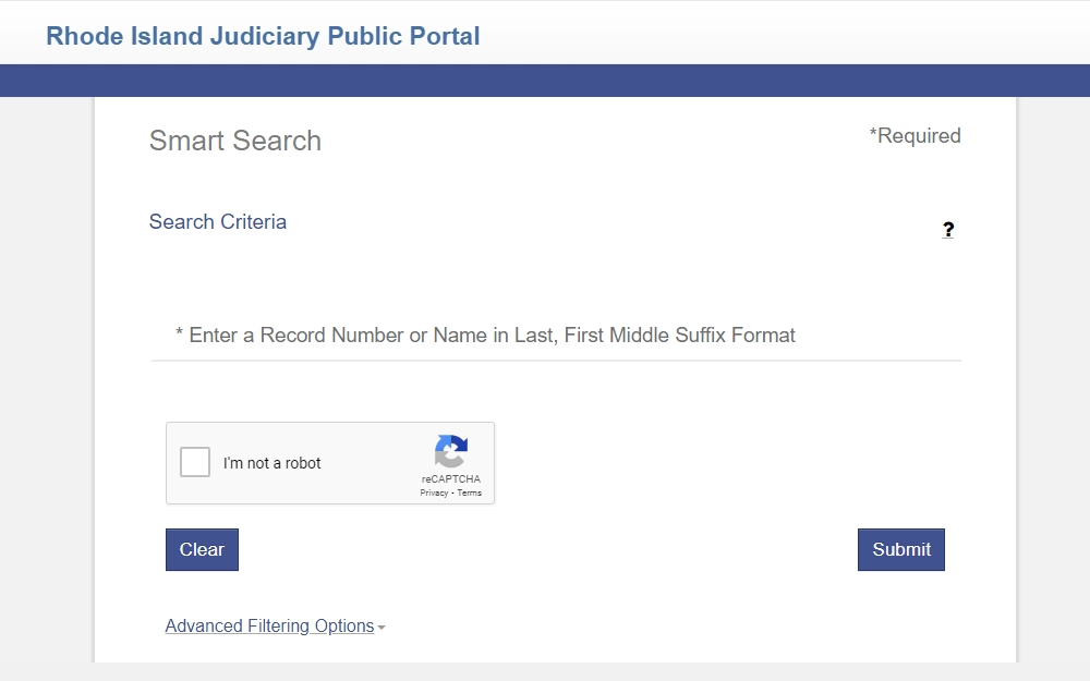 A screenshot showing the Rhode Rhode Island Judiciary Public Portal, Smart Search, Search criteria where one is required to enter either a record number or name.