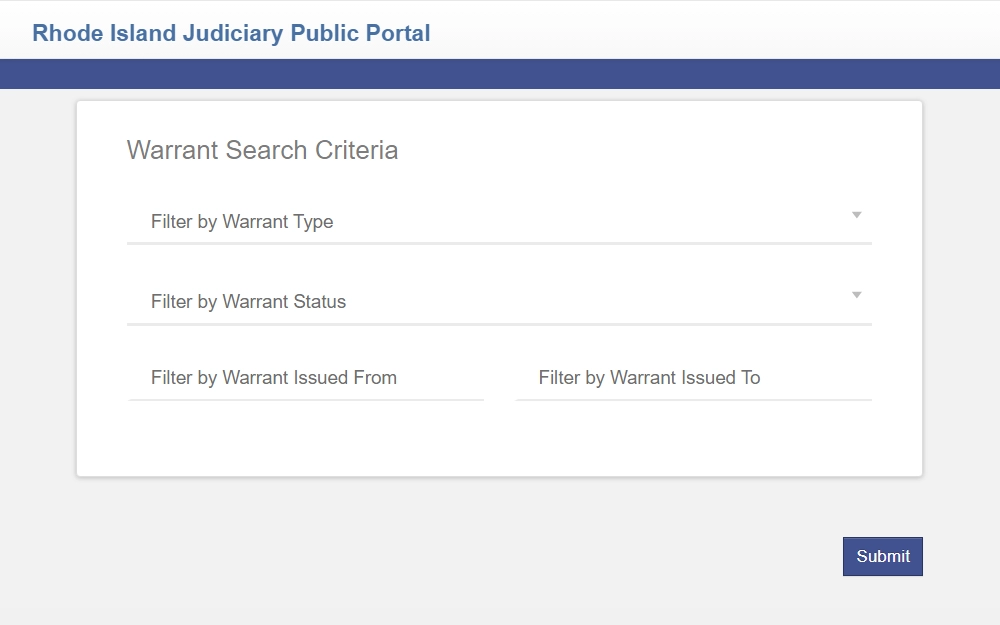 A screenshot showing the Rhode Island Judiciary Public Portal Smart Search platform in the Warrant Search Criteria portion, where an individual can filter the search by warrant type, warrant status, and by a warrant issued date. 