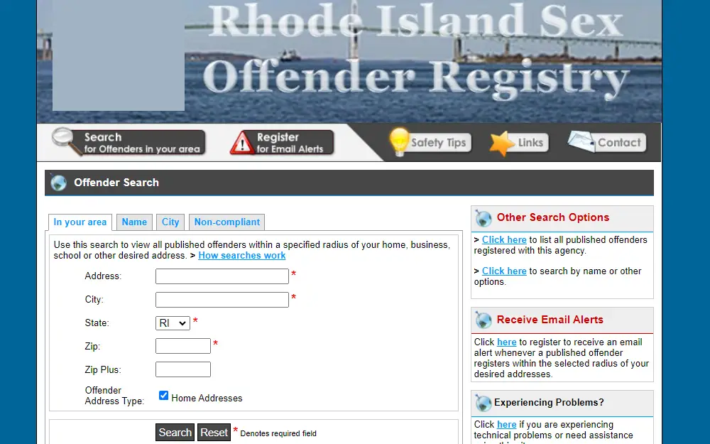 A screenshot showing the Rhode Island Sex Offender Registry (RISOR) Offender Search, where one can locate sex offenders in the country by providing either the name of the offender, address, or others.