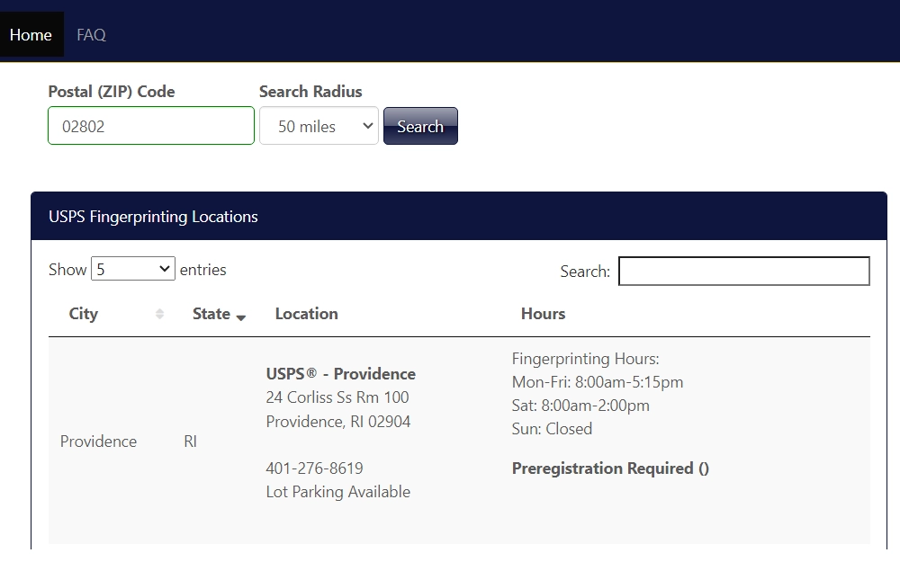 A screenshot showing the USPS Fingerprinting locations near or within Rhode Island and their working hours. 