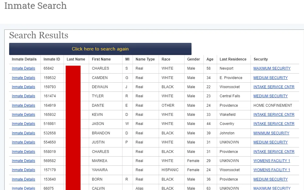 A screenshot showing an Inmate Search provided by the Department of Corrections with sample results showing the inmate's full name, ID no., gender, address, and other details.