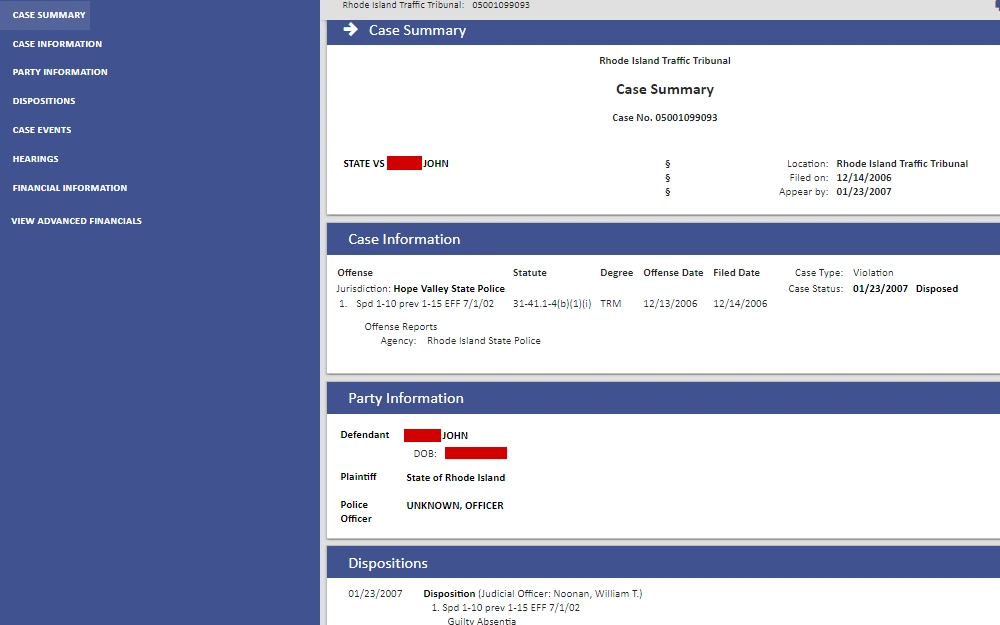 A screenshot showing a sample case report from the Smart Search made in the Rhode Island Judiciary Public Portal, which includes the case summary, case information, party information, dispositions, and other details. 