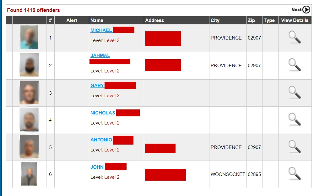 A screenshot showing the Rhode Island Sex Offender Registry Offender Search Results that showed the offenders' image, name, address, and other details.