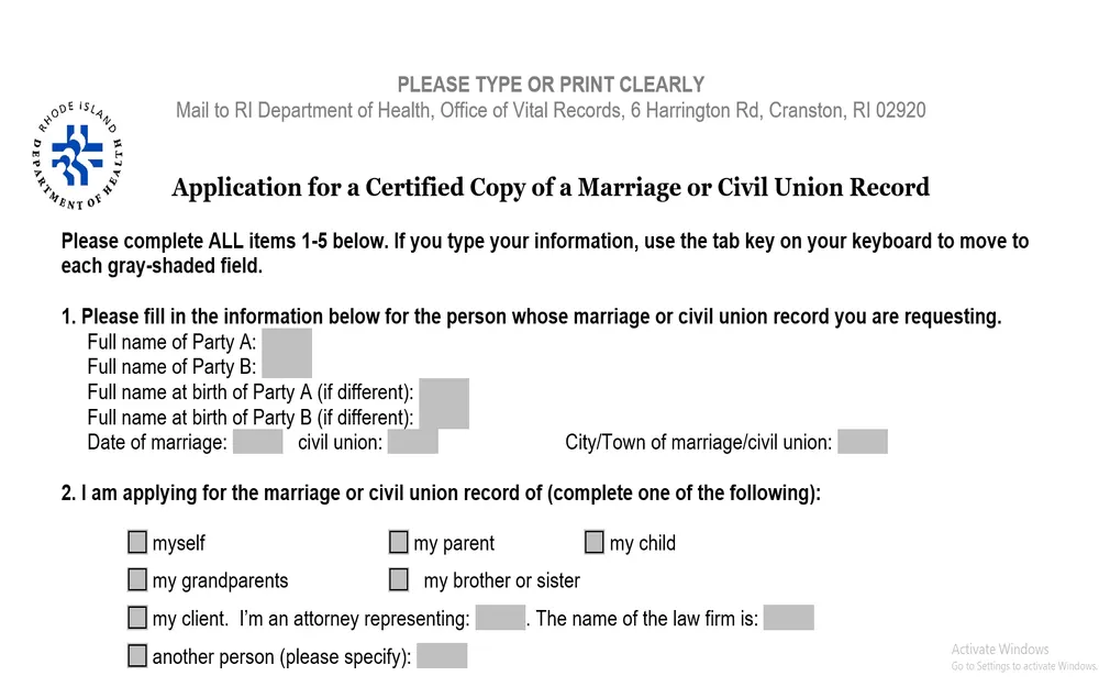 An application form for acquiring certified documentation of a civil union in Rhode Island, highlighting the process for individuals who entered into such unions prior to 2013, with fields for personal details and the option to request records for oneself or on behalf of another.