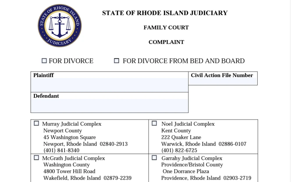 A screenshot of the form that requires the plaintiff to fill out their name, and the defendant or other spouse’s name, check which Family Court should hear the case, and provide the general grounds for divorce.