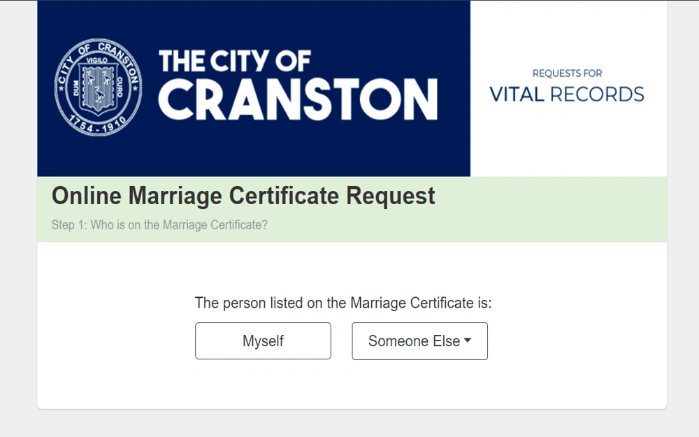 An instructional snapshot for navigating the City of Cranston's Vital Records application process, illustrating the initial step of selecting the certified marriage certificate option and proceeding to specify the recipient of the request.