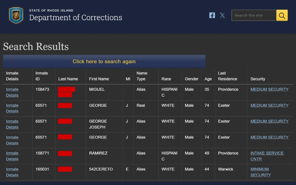 A screenshot of State of Rhode Island Department of Corrections search results showing some information such as inmate details, inmate ID, last name, first name, middle initial, name type, race, age, last residence and security.