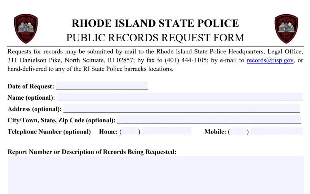 A screenshot displaying a Rhode Island State Police public records request form that requires some information to be filled in such as date of request, name, address, city/town, state, zip code, mobile number, telephone number, and repost number being requested.