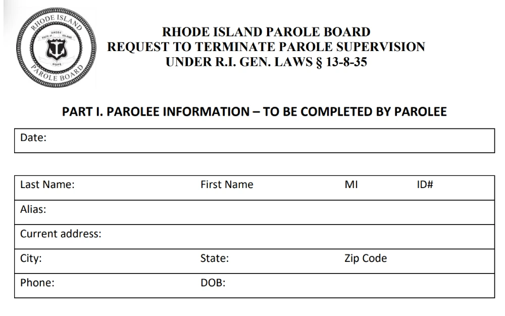 A screenshot displaying a screenshot of a request to terminate parole supervision that needs to be filled in with some information such as the parolee's details including name, alias, current address, city, state, phone and date of birth.