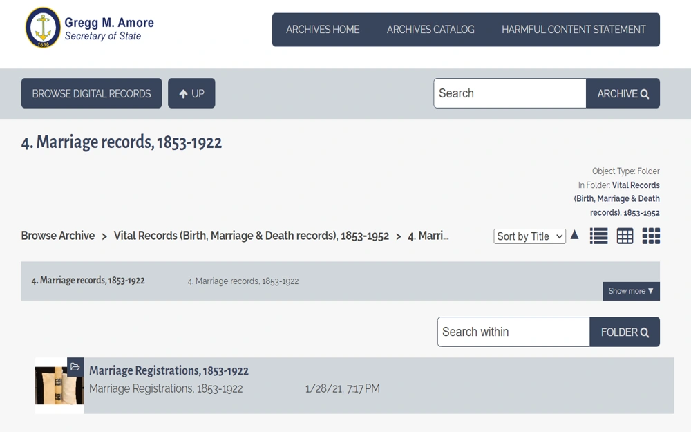 This is a digital archival system provided by the state, offering a searchable collection of historic matrimonial registrations from 1853, allowing users to retrieve documents at no charge, while adhering to the 100-year public access restriction.