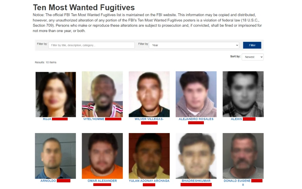 A redacted version of a law enforcement agency's listing, presenting blurred photographs of individuals who are prioritized for public awareness due to their legal status, each with a unique case associated with their profiles.