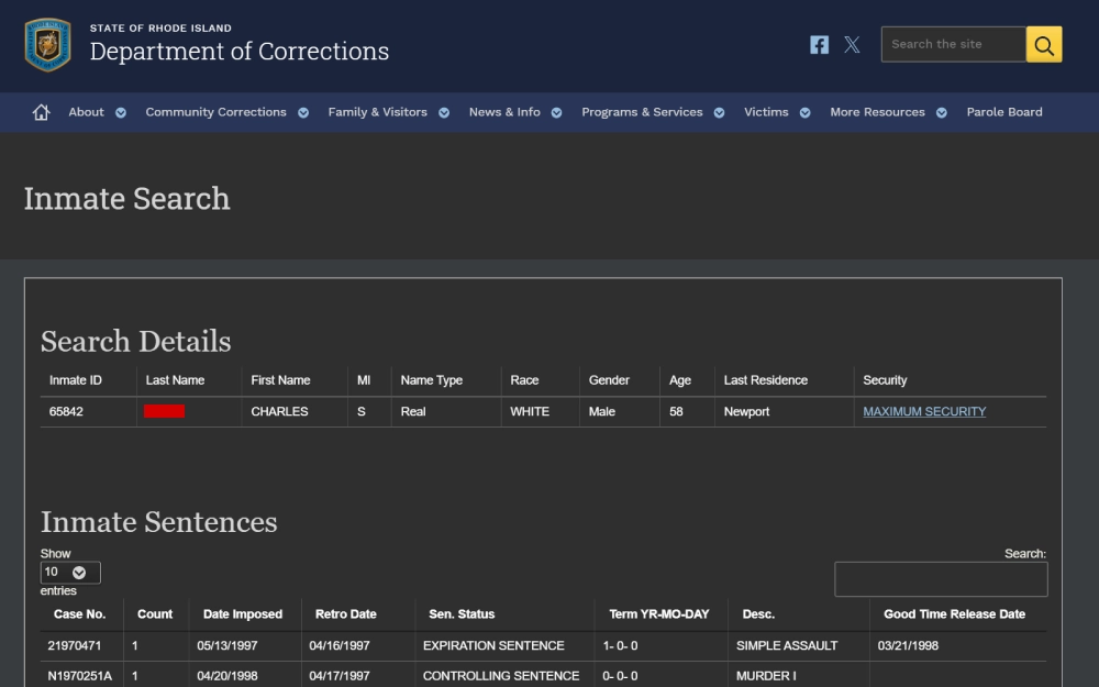 A digital representation of an inmate search result page from a corrections department, showing search details including identification number, name, race, gender, age, last known residence, and security level, along with a section for inmate sentences that lists case numbers, counts, imposed dates, statuses, descriptions, and good time release dates.