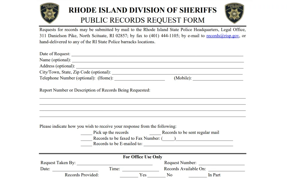 A form designed for individuals to request access to public records from the sheriff's division of a northeastern U.S. state, detailing options for submission and response receipt, and includes blank fields for personal contact information and specific details regarding the records requested.