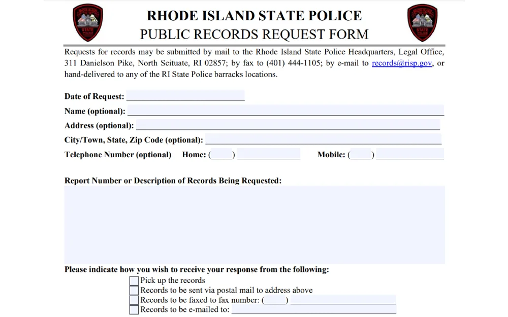 A public records request form from a state police department, providing options for submitting a request via mail, fax, or email, with fields for the date of the request, the requester's name, contact information, and a description of the records being requested, as well as preferences for how to receive the response.