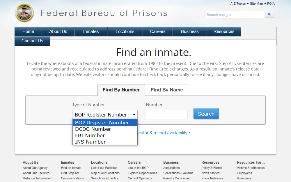 Screenshot of the Federal Bureau of Prisons' find an inmate by number tool displaying a disclaimer about the possibility of the details being not up to date, followed by the drop down menu for number search options including BOP register number, DCDC number, FBI number, and INS number, along with the number input field beside the menu.