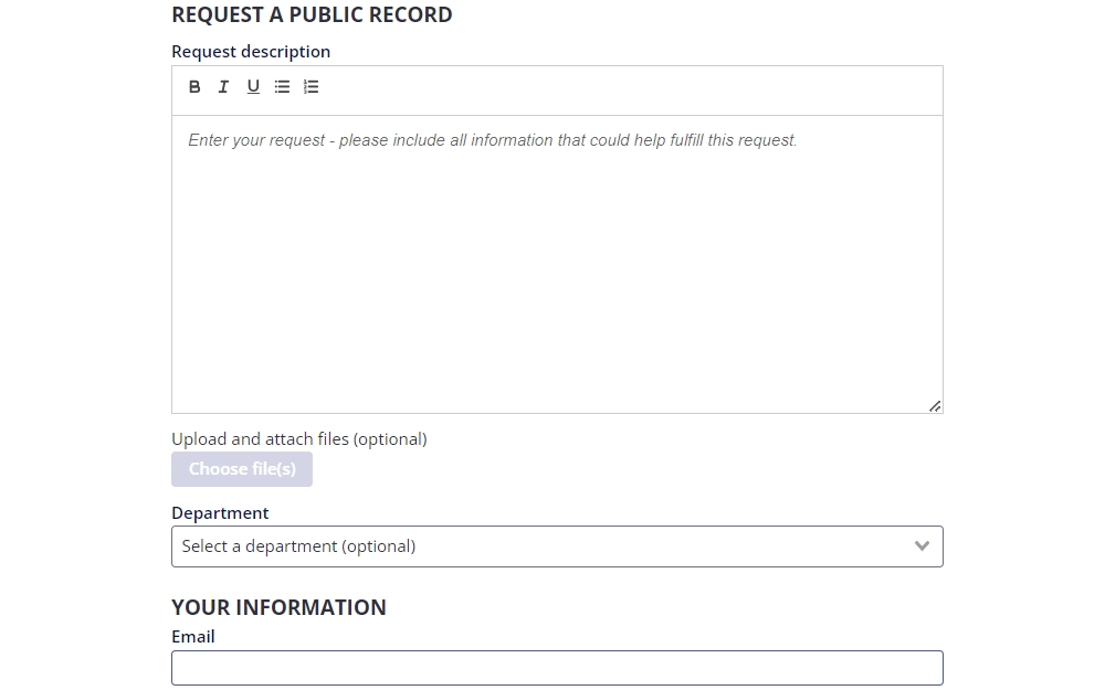 Screenshot of the online request form for public records in Providence City, Rhode Island, showing the text box provided for the record request description, followed by an option to upload a file, a drop down menu for the department the request will be sent to, and an input field for the requestor's email address.