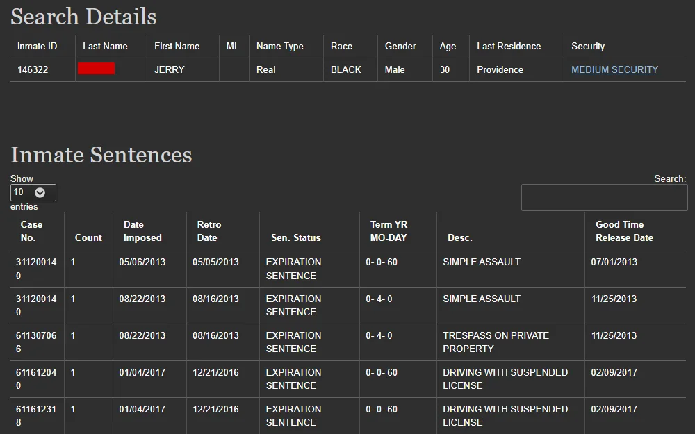Screenshot of an inmate's details from the Rhode Island Department of Corrections displaying the inmate ID, name, name type, race, gender, age, last residence, and security, followed by the past inmate sentences including the following information: case number, count, date imposed, retro date, sentence status, term, description, and good time release date.