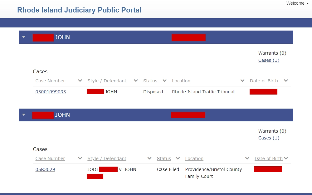 A screenshot of the smart search results from the public portal of the Rhode Island Judiciary lists the party names, date of birth, case number, status, location, number of cases, and number of warrants (if applicable).