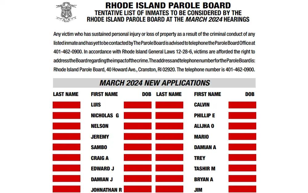 Screenshot of the list of applicants for the parole hearings in March 2024 from the Rhode Island Parole Board, starting with a note about a relevant law and some contact information of related departments, followed by the list itself including the applicants' last names, first names, and dates of birth.