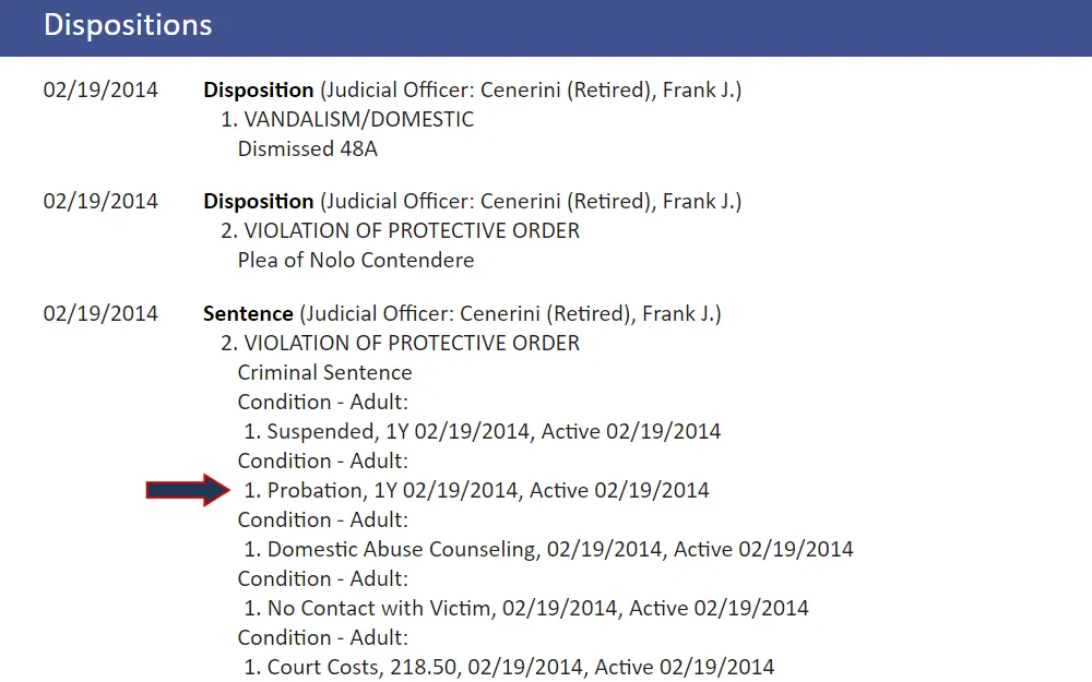 Screenshot of the disposition section of the case detail of an offender from the 3rd Division District Court, taken from the public portal maintained by Rhode Island Judiciary, showing the dates of events and the corresponding dispositions or sentence with the probation status being emphasized with an arrow.